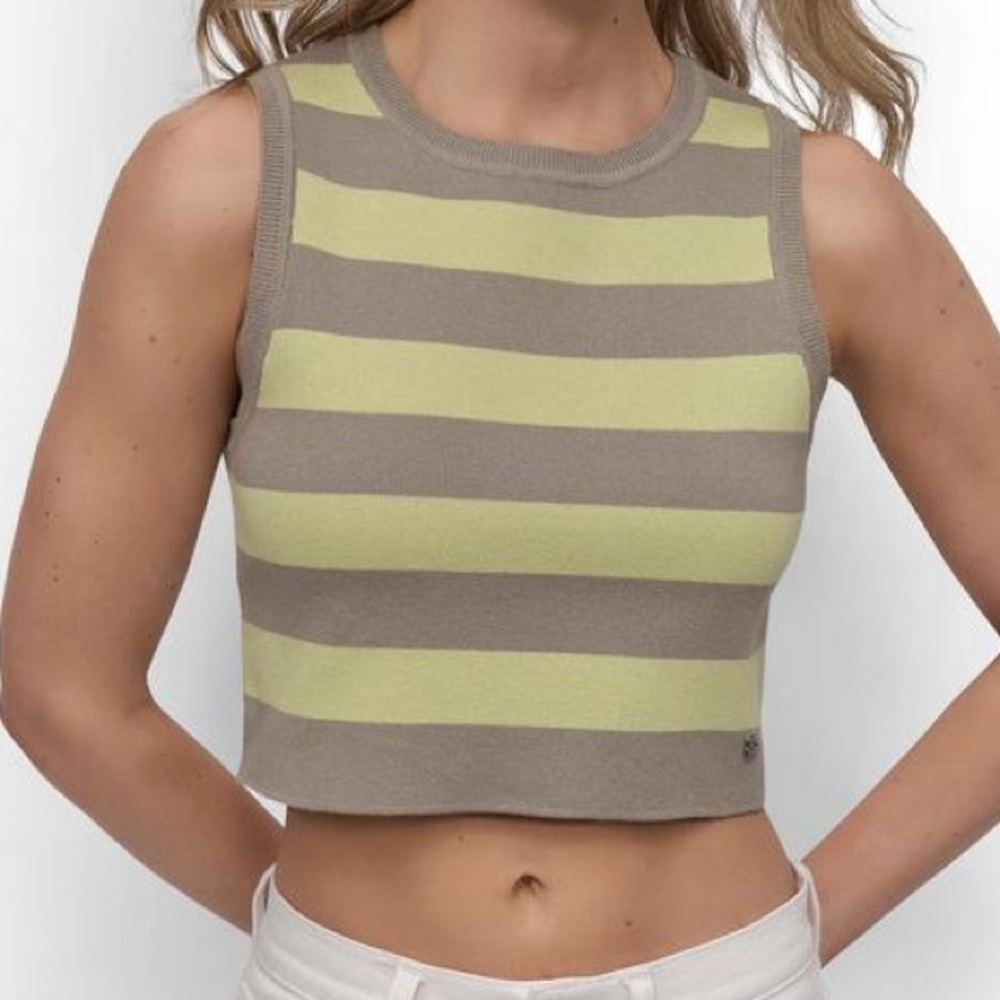 DKNY Striped Crop Sweater Jacquard Top - Gray Green